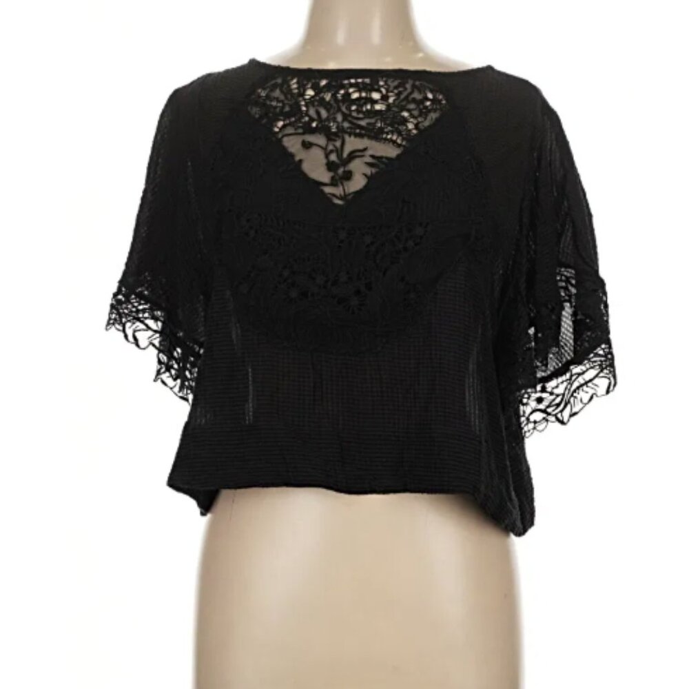 Maeve black pullover top w/ lace accents & pink ribbons, women's size large